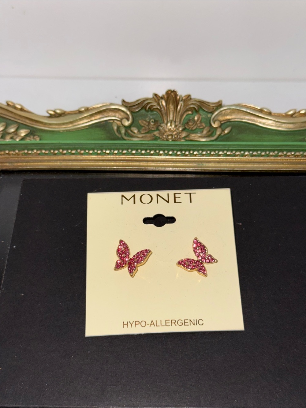 Monet Pink and Gold Butterfly Stud Earrings - Picture 2 of 3